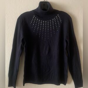 Ellen Tracy Studded Turtleneck Sweater Acrylic/Wool Long Sleeve Navy Blue Sz L